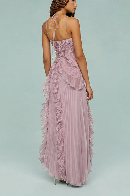 Consonak Strappy Halter Neck Ruffle Trim Asymmetric Hem Pleated Maxi Dress