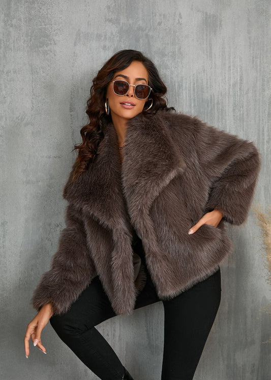 Amara Faux Fur Jacket – Soft Brown Short Coat With Wide Collar