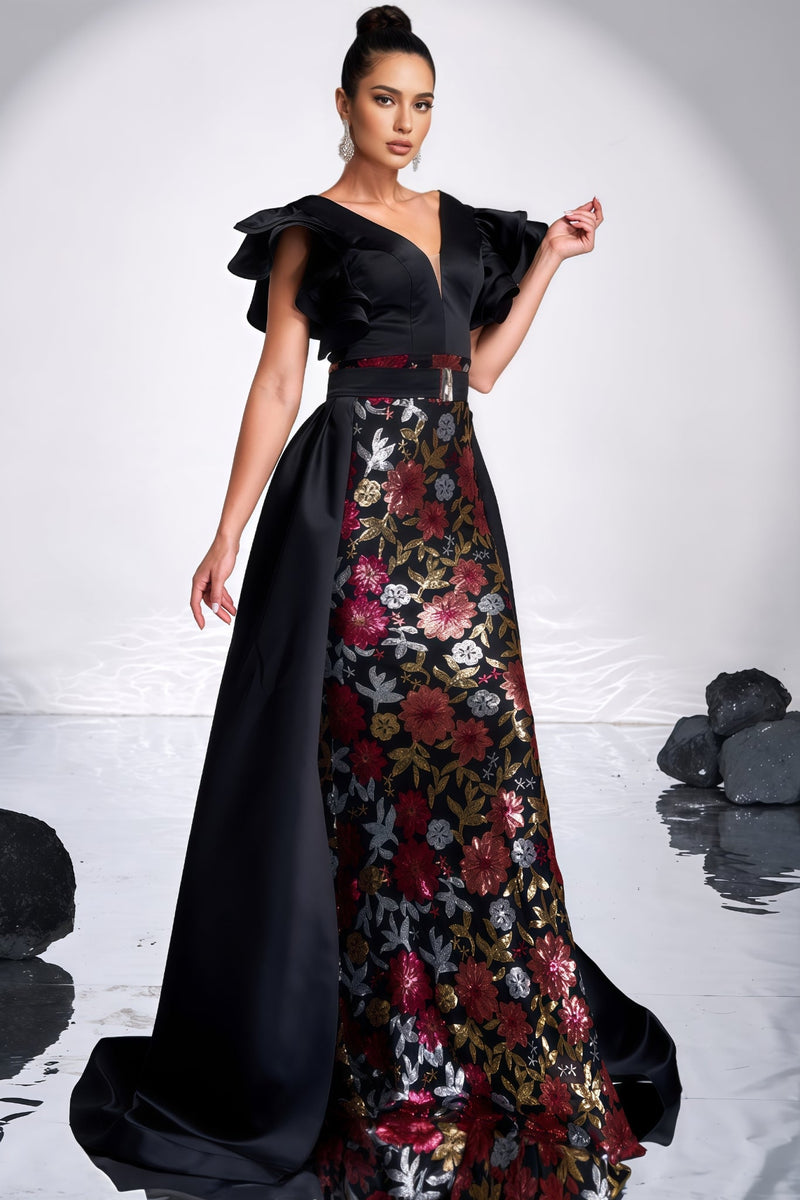Ariasd Black Sequin Flower Maxi Dress