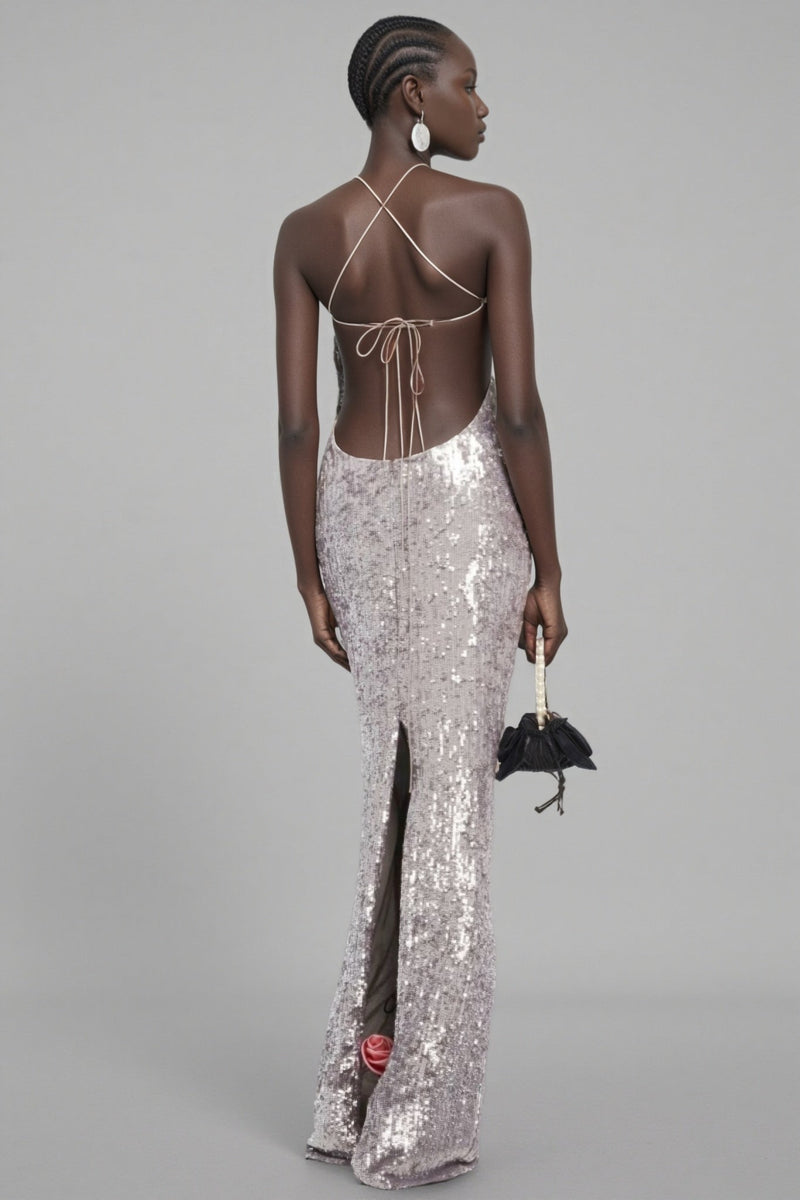Soraya Silver Sequin 3d Maxi Dress