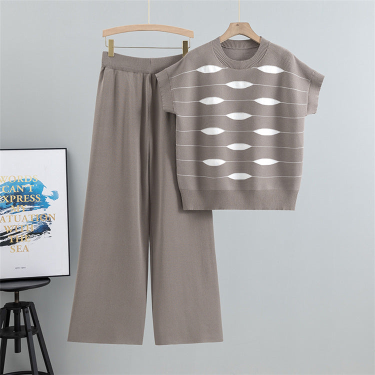Camel – Striped Short-sleeve Two Piece Set