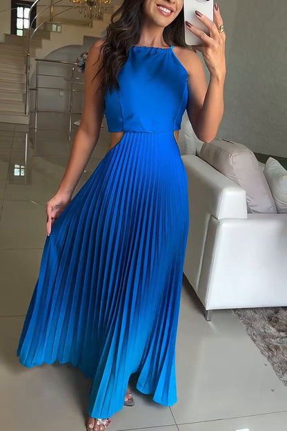 Fashionable Backless Tie Gradient Pleated Maxi Dress