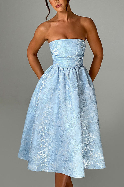 Jacquard Fabric Strapless Open Back Slim Midi Dress