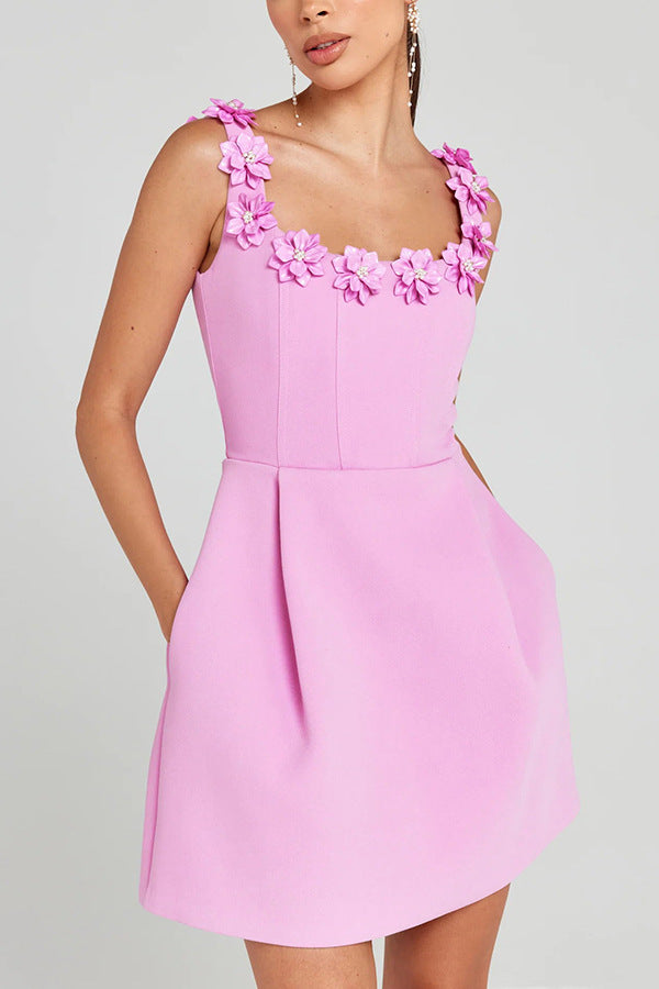 Party Outfit, Pearl Flower Decal, Square Strapless, Collar, Pocket, Mini Dress