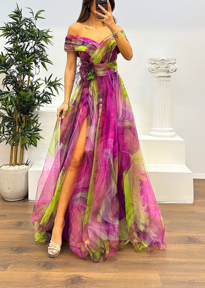 Fairy Flower Feather Pendant Fallen Fold Off Shoulder Party Split Design Long Dress