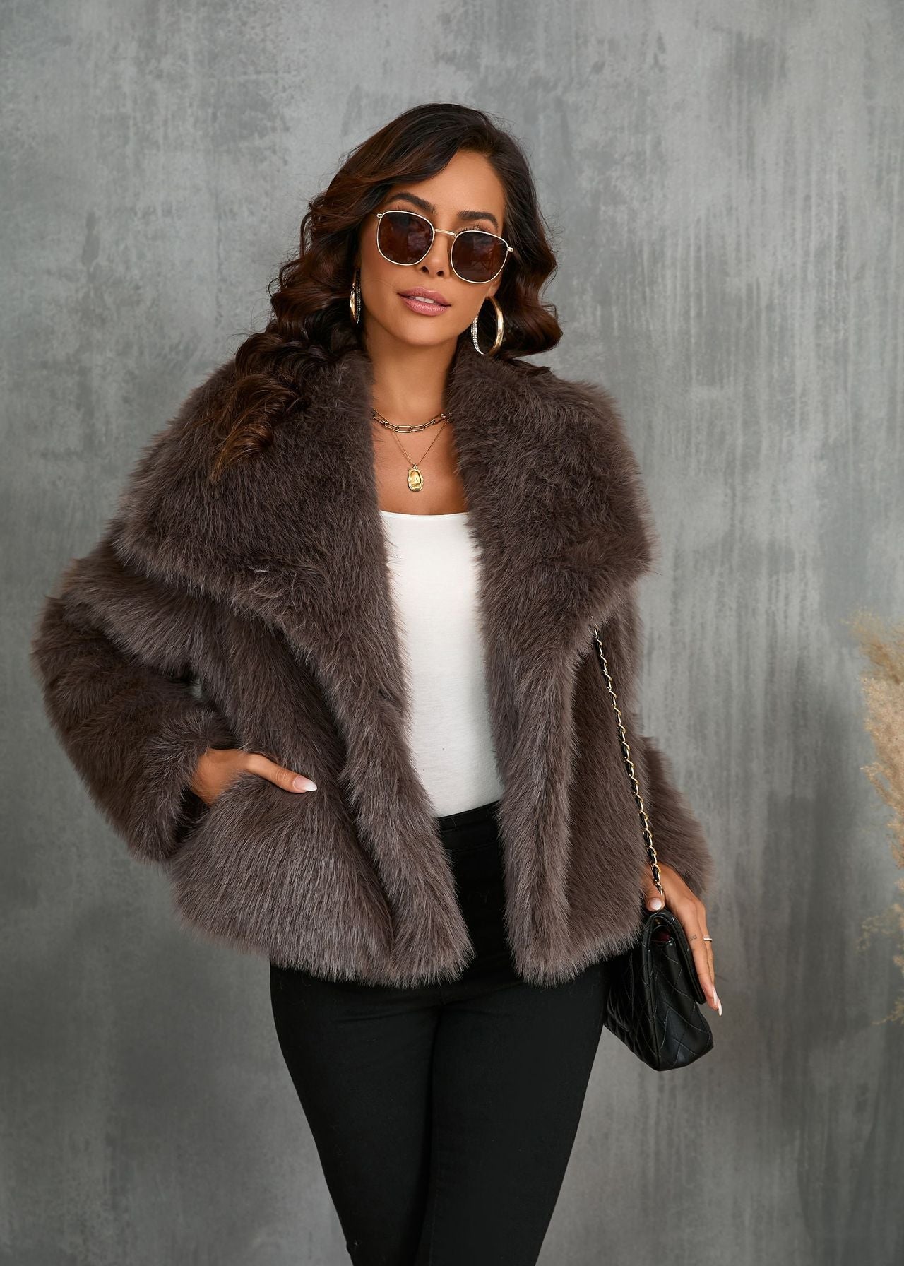 Amara Faux Fur Jacket – Soft Brown Short Coat With Wide Collar