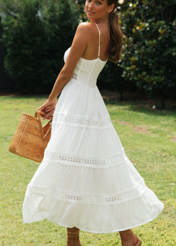 Aurelia Lace-trim Maxi Dress – White Smocked Sundress With Adjustable Straps