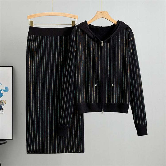 Black - Knitted Cardigan & Sweater Two Piece Set