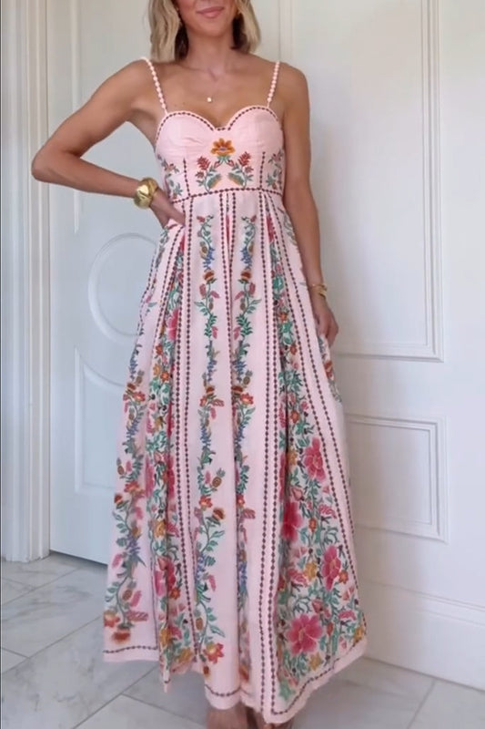 Linen Blend Delicate Forest Unique Print Sweetheart Neck Beaded Straps Maxi Dress