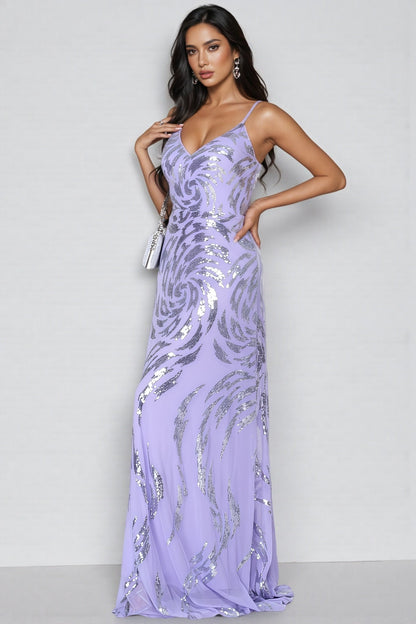 Benjamd Purple V-neck Sequin Maxi Dress