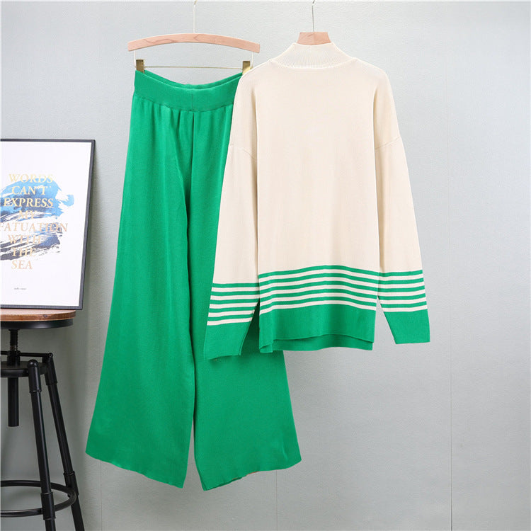 Green - Striped Half-turtleneck Sweater Two Piece Set