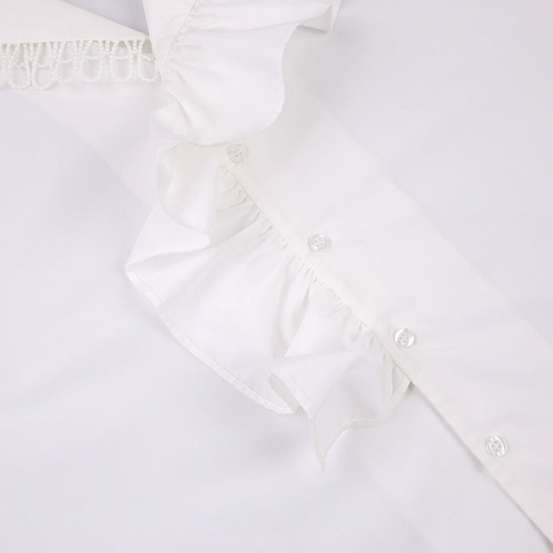 Ruffled Deep V-neck Lace Trim Blouse