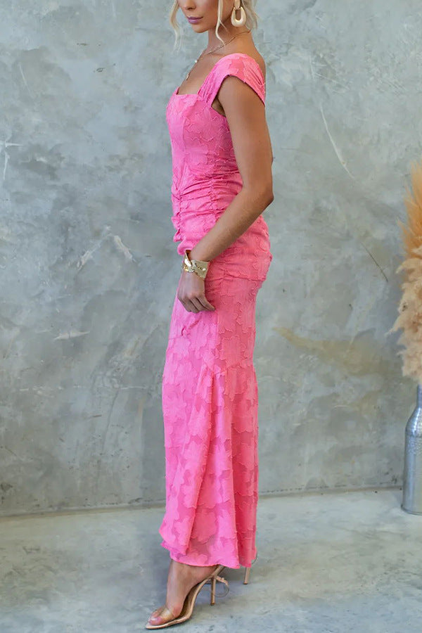 Unreal Beauty Textured Material Ruched Fishtail Maxi Dress