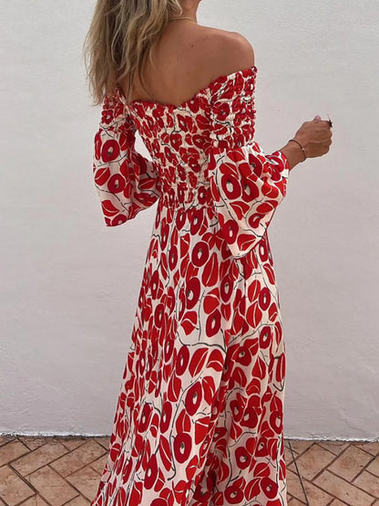 ' Vacation Flower Street Printed Off Shoulder Waist Pocket Long Dress