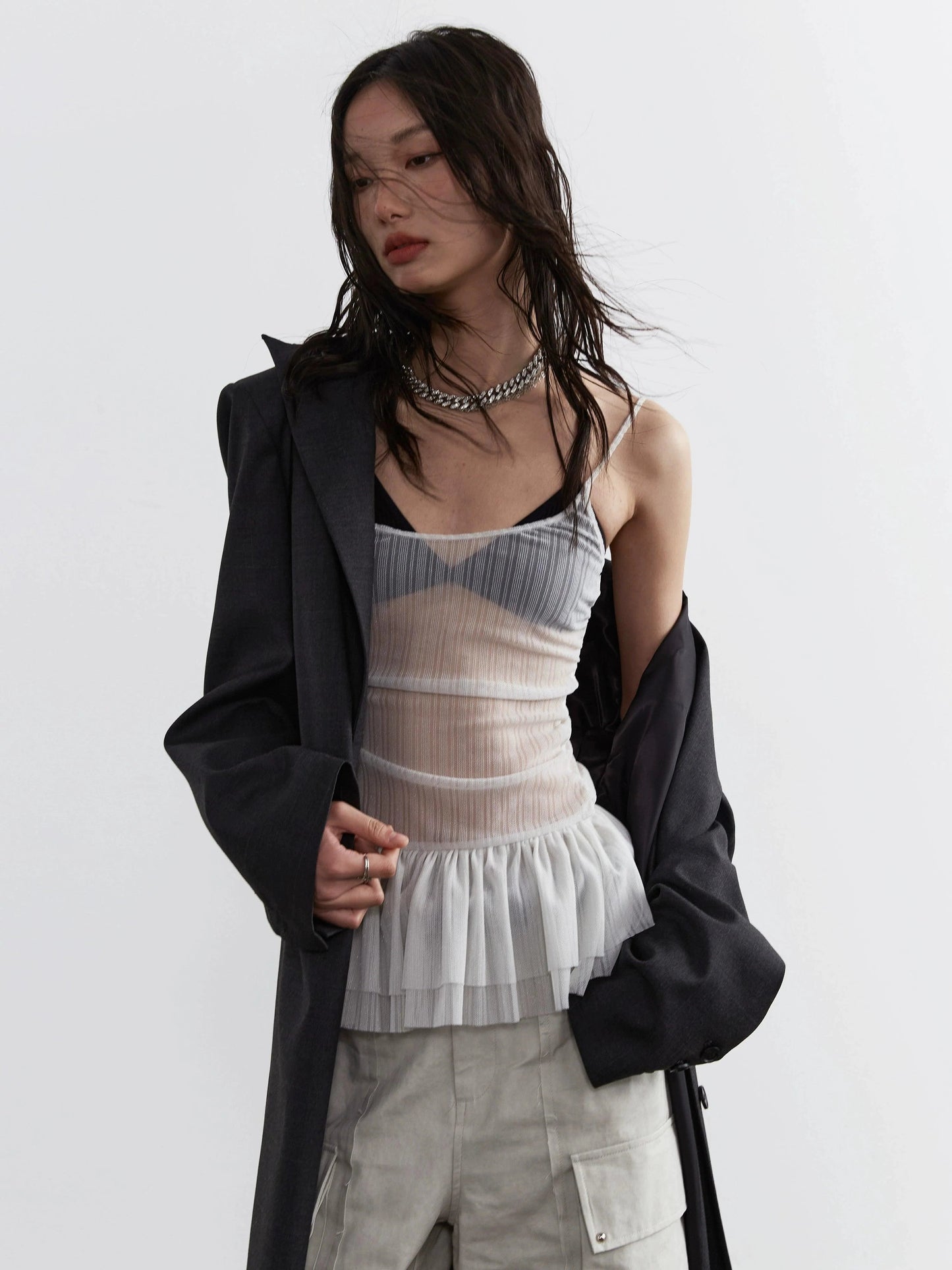 Jnylon Studio Sheer Pleated Corset Top - White Mesh Ruched Bustier With Tulle Skirt