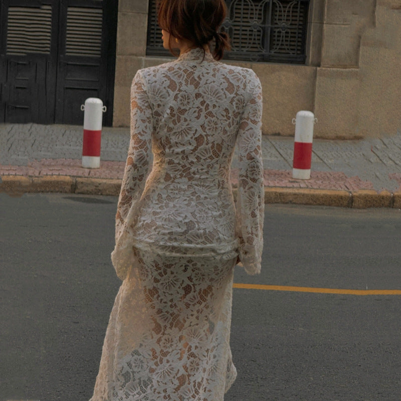 Garcelle Lace Lace-up Long Bell Sleeve Slit Midi Dress