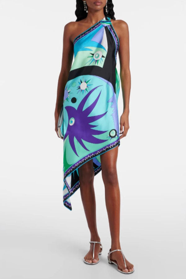 Naughty Lady Satin Unique Print One Shoulder Irregular Hem Vacation Midi Dress