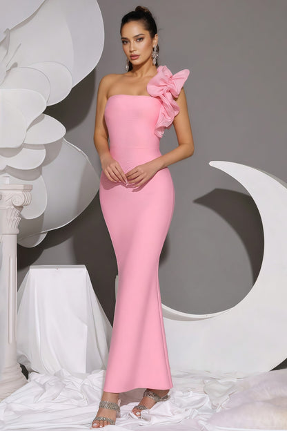 Marigold Pink One Shoulder Bandage Maxi Dress