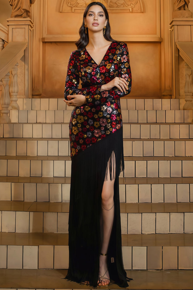 Faelan V-neck Fringe Sequin Maxi Dress