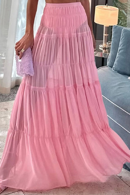 Chiffon Elastic Waist Layered A-line Maxi Skirt