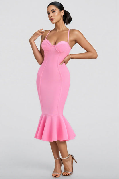 Viviana Pink Strappy Fishtail Bandage Midi Dress
