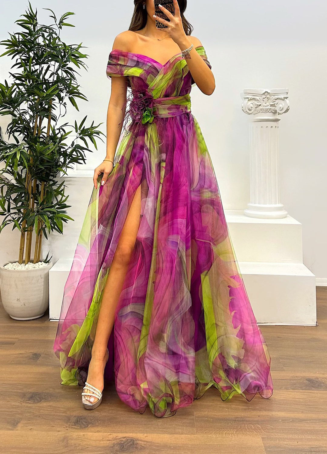 Fairy Flower Feather Pendant Fallen Fold Off Shoulder Party Split Design Long Dress