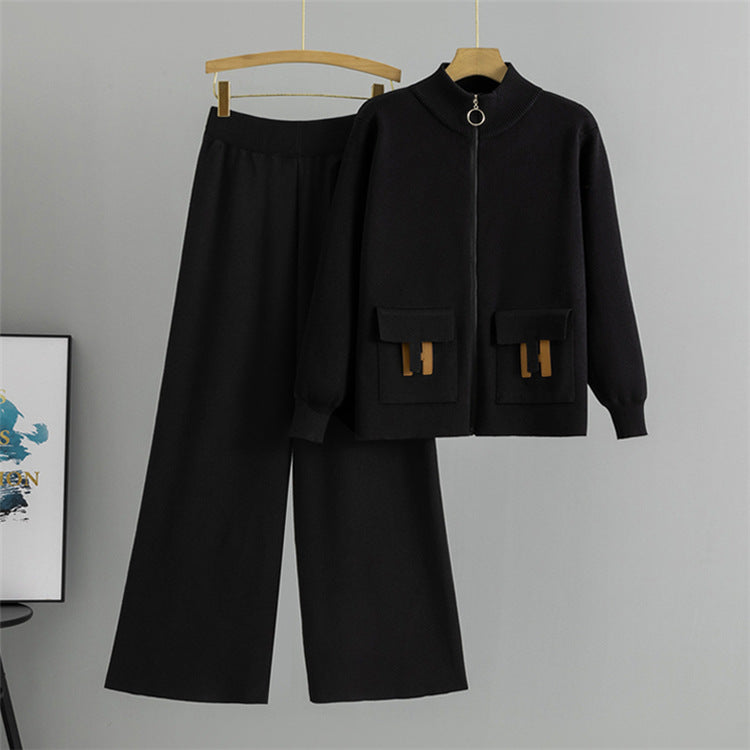 Black – Knitted Cardigan Wide-leg Pants Set