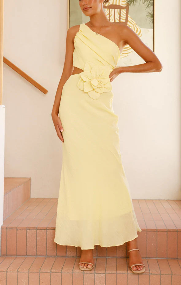 Bloom Summer 3d Flower Ruched One Shoulder Cutout Maxi Dress