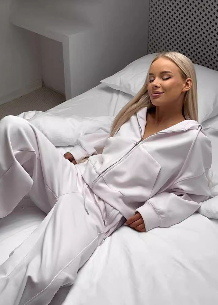 Soft Beige Zip Hoodie and Wide-leg Pants Set – ’s Relaxed Fit Tracksuit
