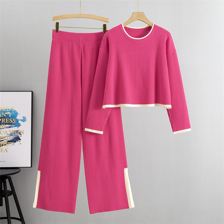 Rose Red - Knitted Sweater Wide-leg Pants Two Piece Set