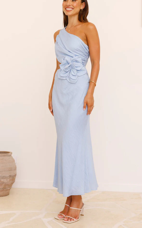 Bloom Summer 3d Flower Ruched One Shoulder Cutout Maxi Dress