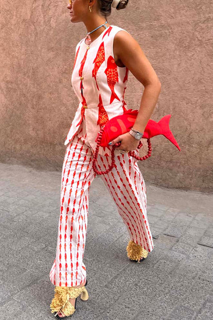 Good Luck Linen Blend Koi Pattern High Rise Elastic Waist Loose Pants