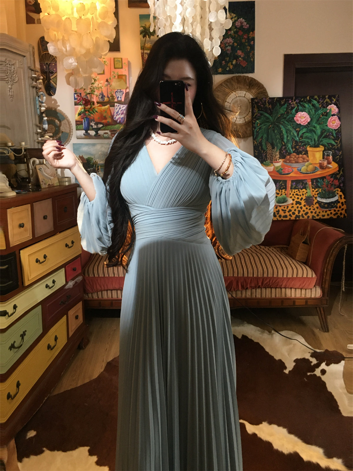 Misty Blue Pleated Panel Maxi Dress _ Flowy Slimming Gown Gunne Sax Dress