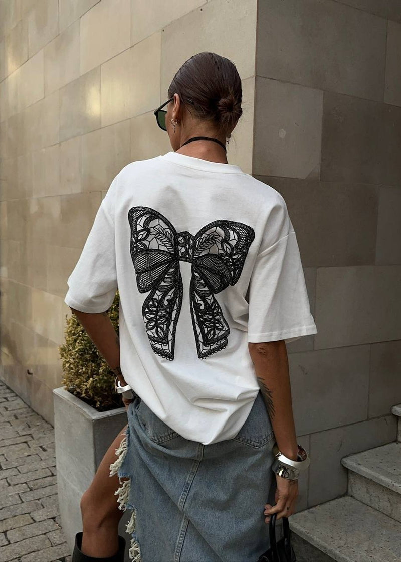 Lace Bow Embellished Oversized T-shirt