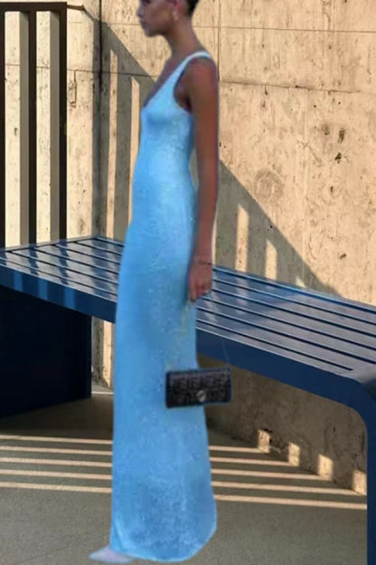 Consonak U Neck Sleeveless Sequin Bodycon Maxi Dress