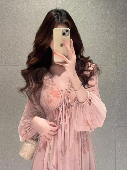 French Pink Long Sleeve Maxi Dress _ V-neck Fairycore Gown Gunne Sax Dress