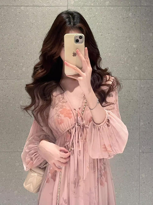 French Pink Long Sleeve Maxi Dress _ V-neck Fairycore Gown Gunne Sax Dress