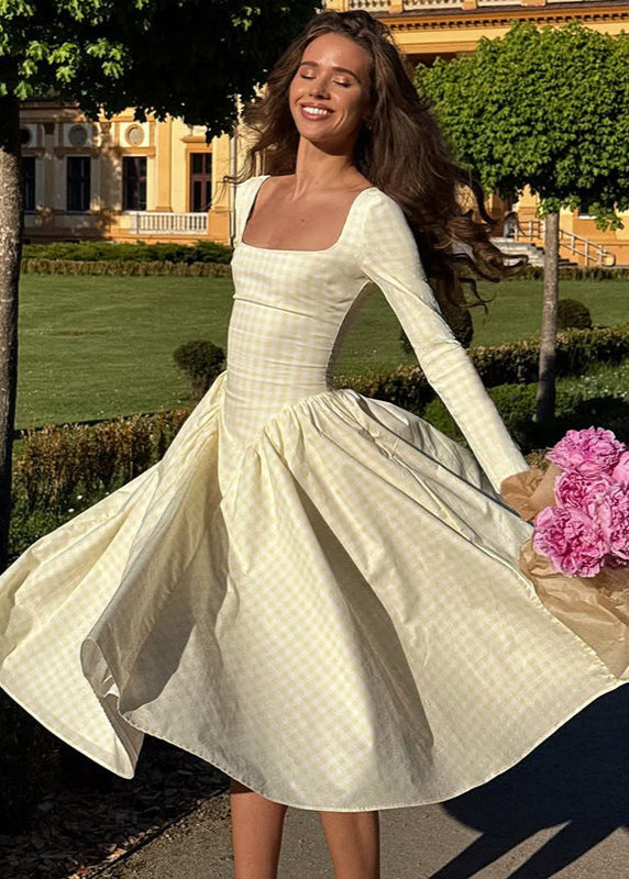 Pink Gingham Long Sleeve Midi Dress – Square Neck Fit and Flare