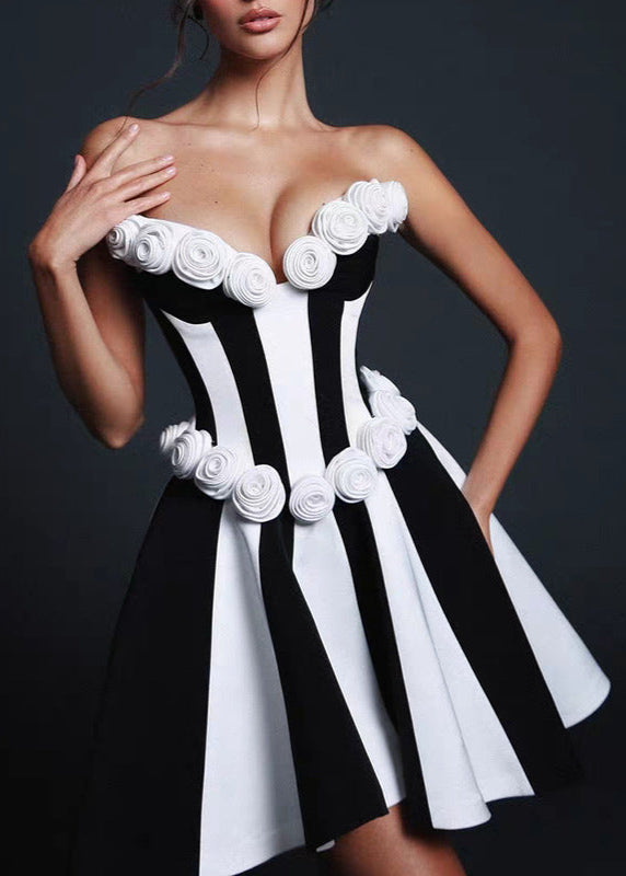 Monet Strapless Rosette Mini Dress – Black & White Sculpted Fit-and-flare