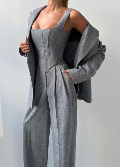 Charcoal Gray Corset Jumpsuit With Matching Blazer