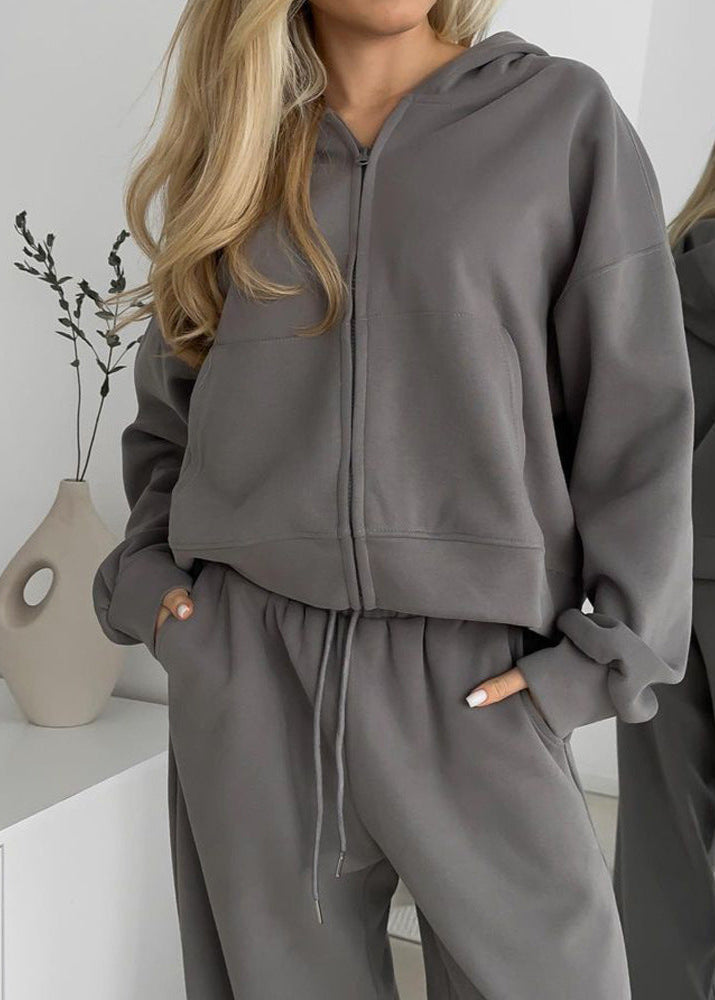 Charcoal Zip-up Hoodie and Wide-leg Pants Set – Cozy Two-piece Loungewear