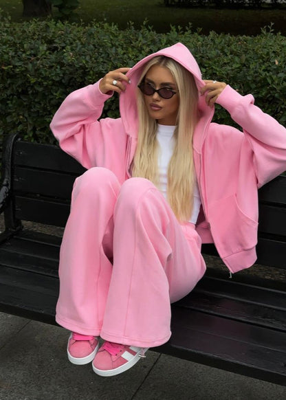 Blossom Comfort – Oversized Pink Hoodie & Wide-leg Pants Set