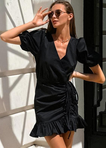 Puff Sleeve Wrap Dress With Ruffle Hem