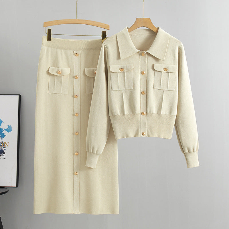 Knitted Slim-fit Two Piece Set - Apricot