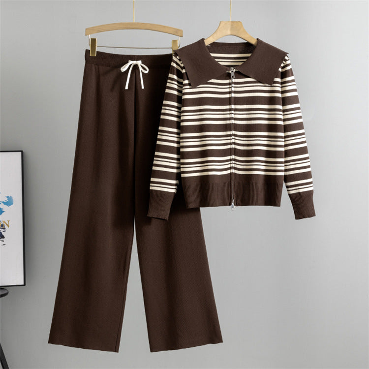 Coffee - Wide-leg Knitted Two Piece Set