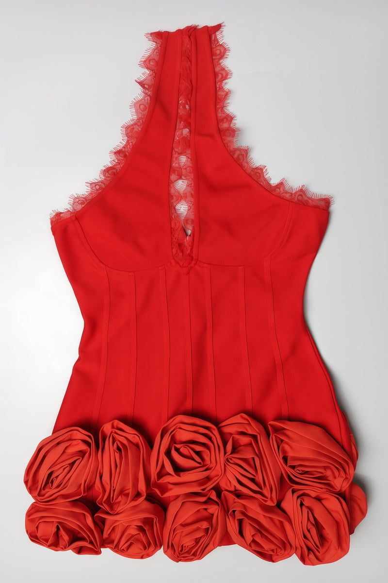 Natha Red 3d Flower Lace Mini Dress