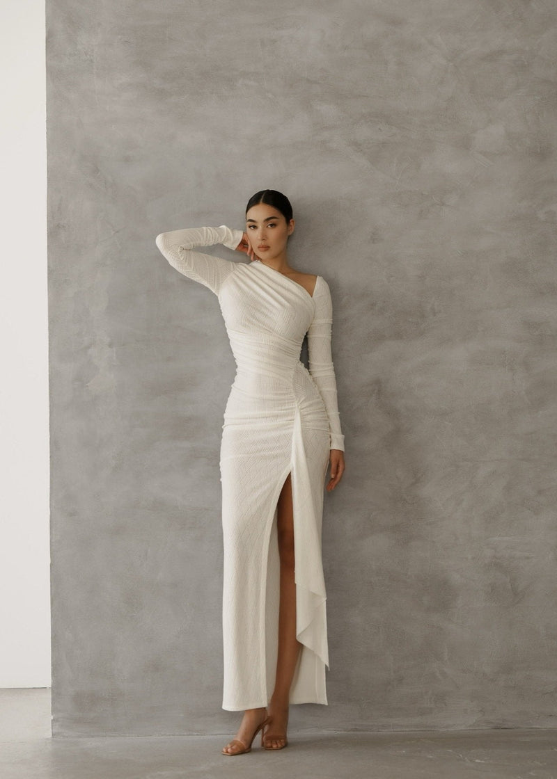 Ivory Elegance Maxi Dress With Asymmetric Draping