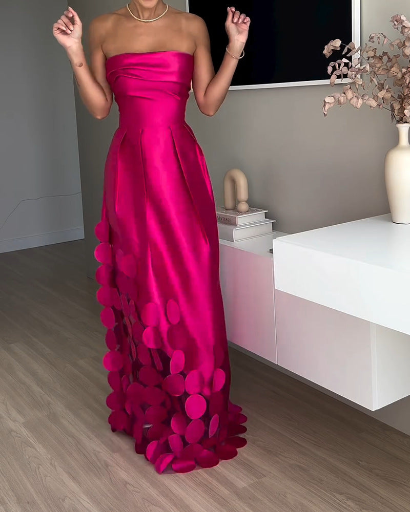 Luxurious Poise Satin Spliced Mesh Polka-dot Fabric Off Shoulder Formal Maxi Dress