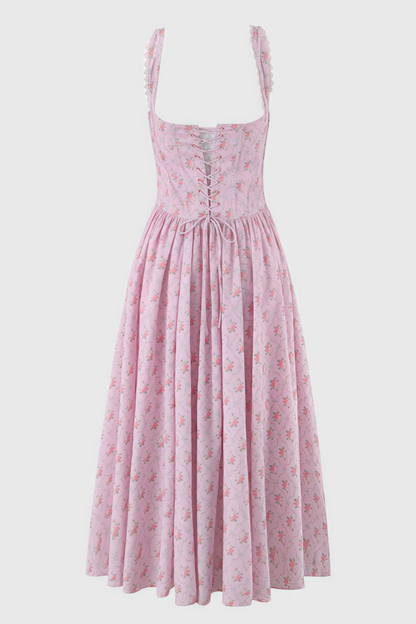 Arwent Pink Rose Print Stretch Cotton Midi Dress