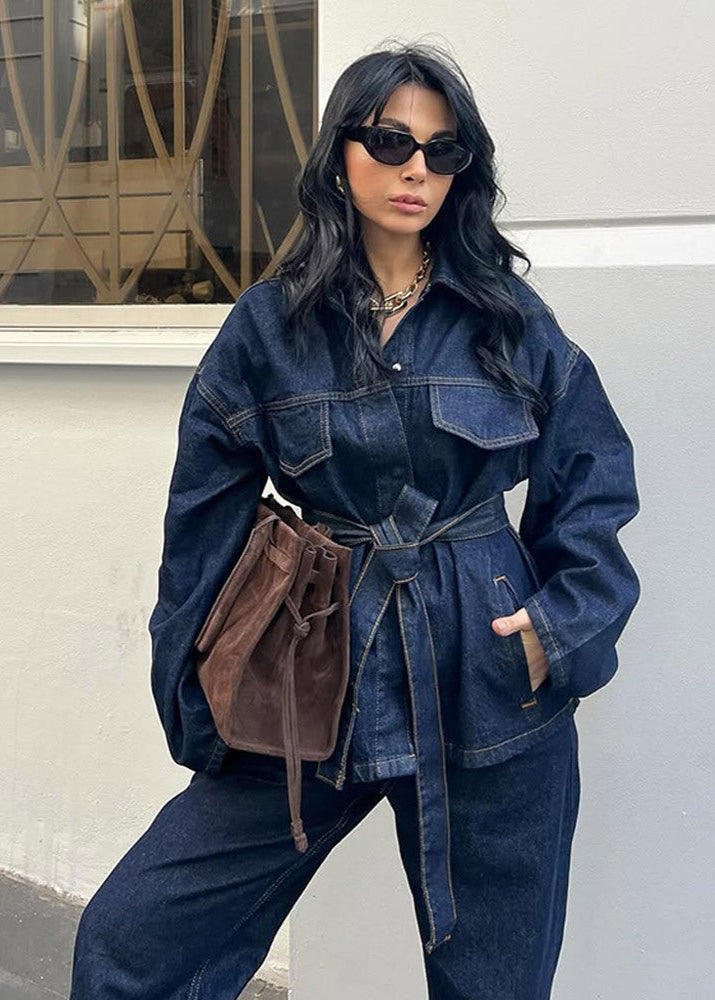 Indigo Structure Denim Set – Belted Oversized Jacket and Straight-leg Pants